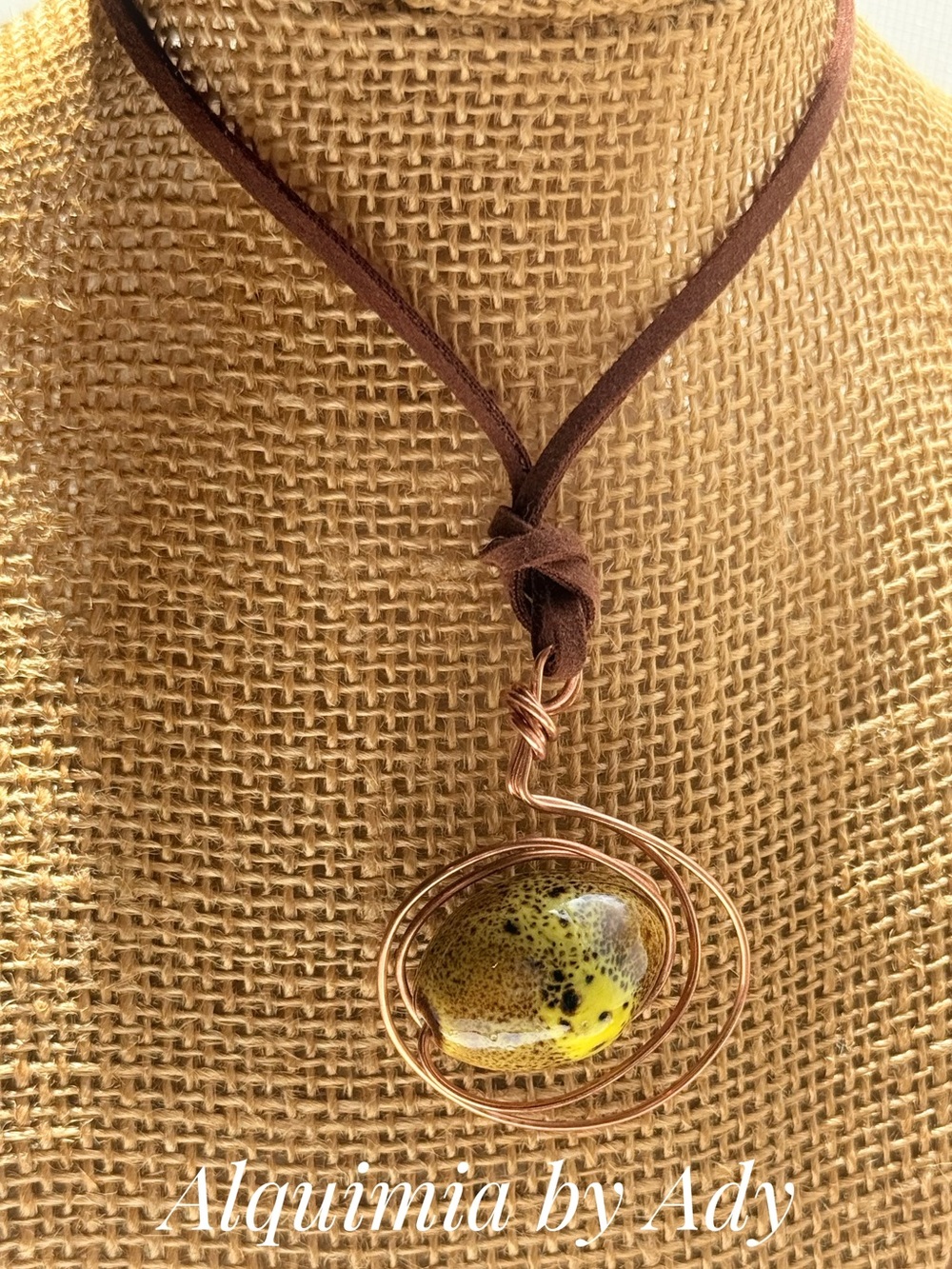 Handmade Yellow Glass Pendant Necklace on Brown Suede Cord